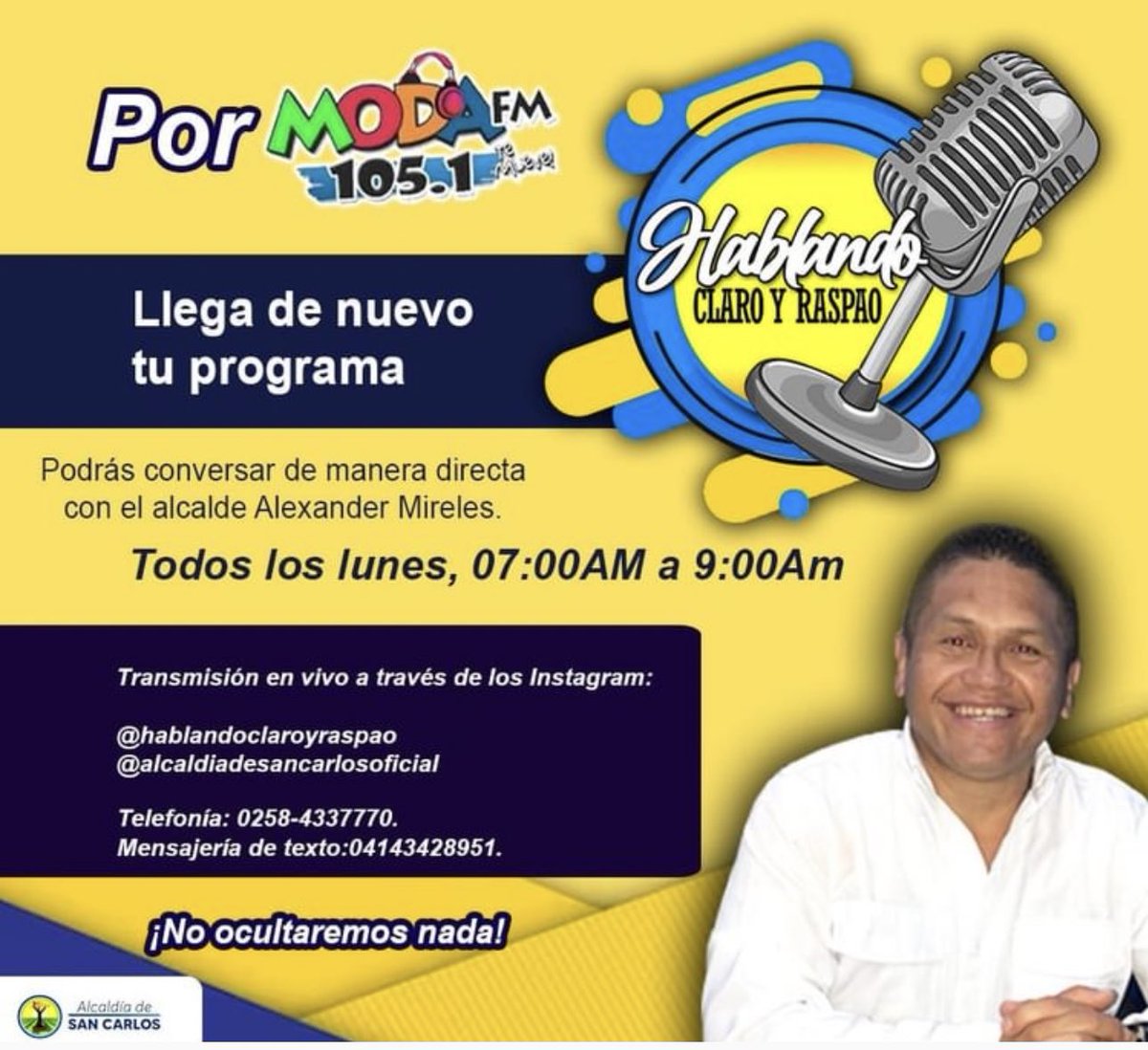 Moda1051FM's tweet photo. Escucha este lunes a partir de las 7AM el alcalde @alexandermirele en vivo Hablando Claro y Raspao. 

#ModaTeMueve https://t.co/j8E4Pwllpw
