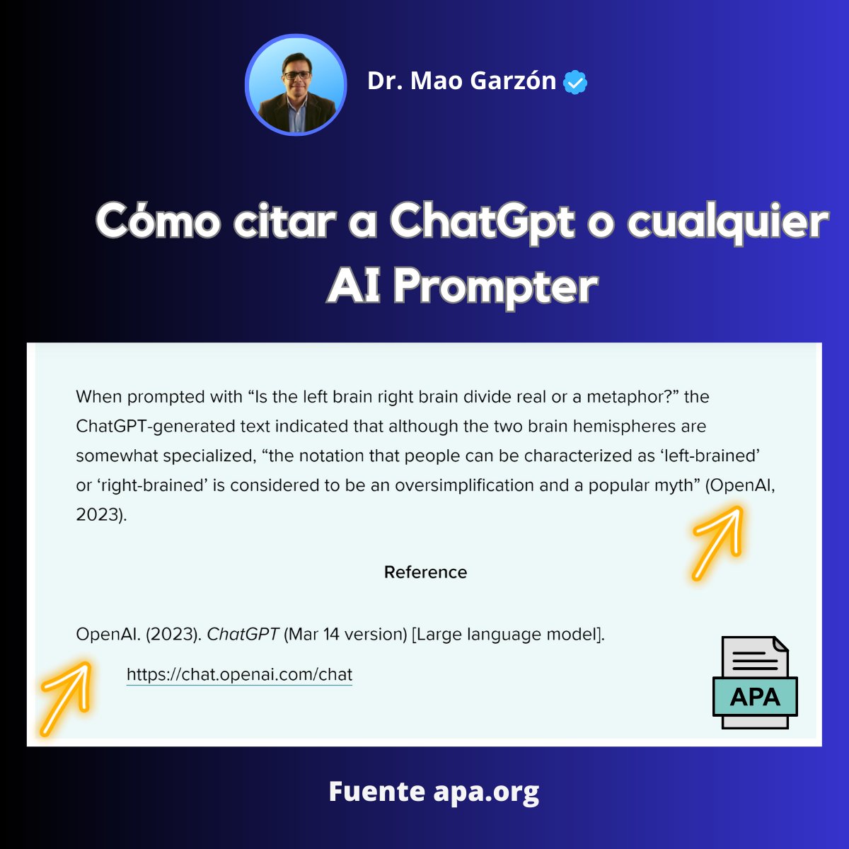 maogarzonq's tweet photo. Cómo citar textos producidos por #ChatGpt
o cualquier #AIPrompter , es decir cualquier solución de #ia que genere: #texto o #imagen
Fuente: https://t.co/vYlm7H3uSV #Apa recomienda uso responsable en trabajos investigativos. https://t.co/QbGUlliAmb