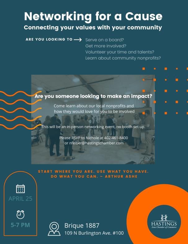 Connect your values with your community! Whether you are new to Hastings, have been here for awhile, or even a native, this is for you.

This is open to the public and we encourage you to join us!

RSVP 402-461-8400

#HastingsAreaChamber #HastingsNebraska #GetInvolvedHastings