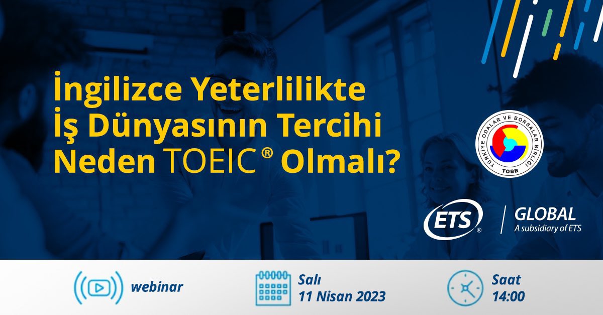 İş dünyası, İngilizce yeterlilikte TOBB ve @ETSGlobal işbirliğinde #TOEIC’ten yararlanabilir.
Şirketlerin, TOEIC iş İngilizcesi testini nasıl kullanabileceklerini, şirketlere katkılarını ve daha fazlasını bu webinarda bulacaksınız.
Webinara kayıt için: etsglobal-26271412.hs-sites-eu1.com/tobb-toeic-web…