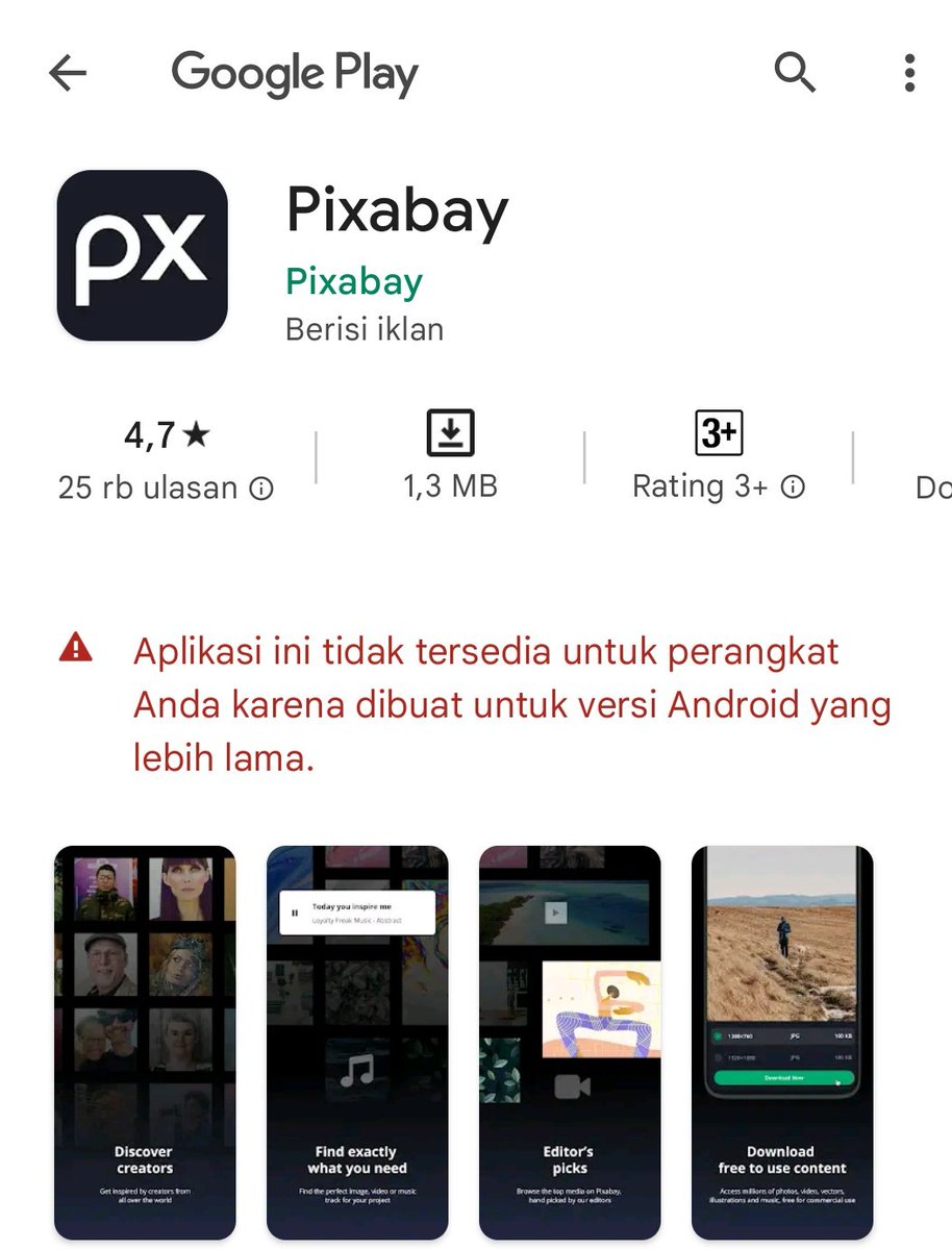 Nusagates's tweet photo. @pixabay Your Android application uses an old version so it cannot be installed on a new Android version. Is there a plan for an update? https://t.co/iES6FCMeYp