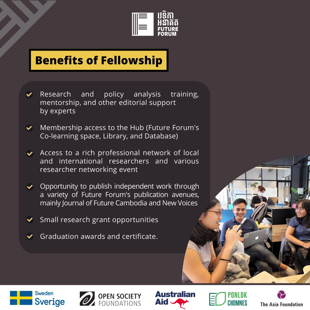 FutureForumAsia's tweet photo. #2023YoungResearchersProgram is now open for applications!

Apply NOW via this link: https://t.co/Y4UnDSRFRd
𝗗𝗲𝗮𝗱𝗹𝗶𝗻𝗲: 𝗝𝘂𝗻𝗲, 𝟬𝟰𝘁𝗵 𝟮𝟬𝟮𝟯
For more information about YRP: https://t.co/ioLNTxI1El

#2023YRP #PonlokChomnes #KnowledgeSector https://t.co/6wGWnxU8cV