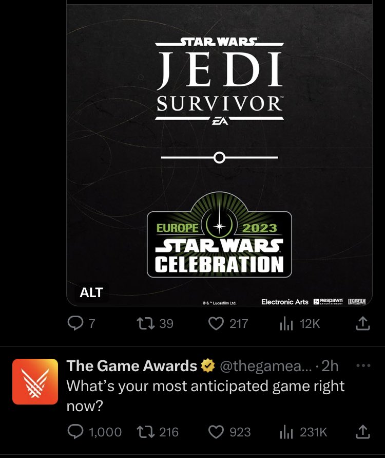 Well ⁦<a href="/thegameawards/">The Game Awards</a>⁩ you asked and my feed seems to have answered

⁦<a href="/Respawn/">Respawn</a>⁩ ⁦<a href="/starwars/">Star Wars</a>⁩