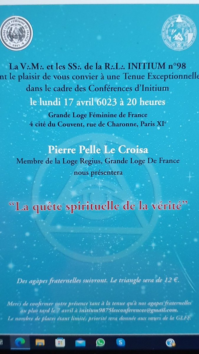 chezalcide's tweet image. Conférence commune #GLFF @GLDF_Officiel  "La quête spirituelle de la vérité. #Paris 
Inscription obligatoire avant le 7 avril à: initium9875lesconferences@gmail.com
Source: Pierre Pelle Le Croisa