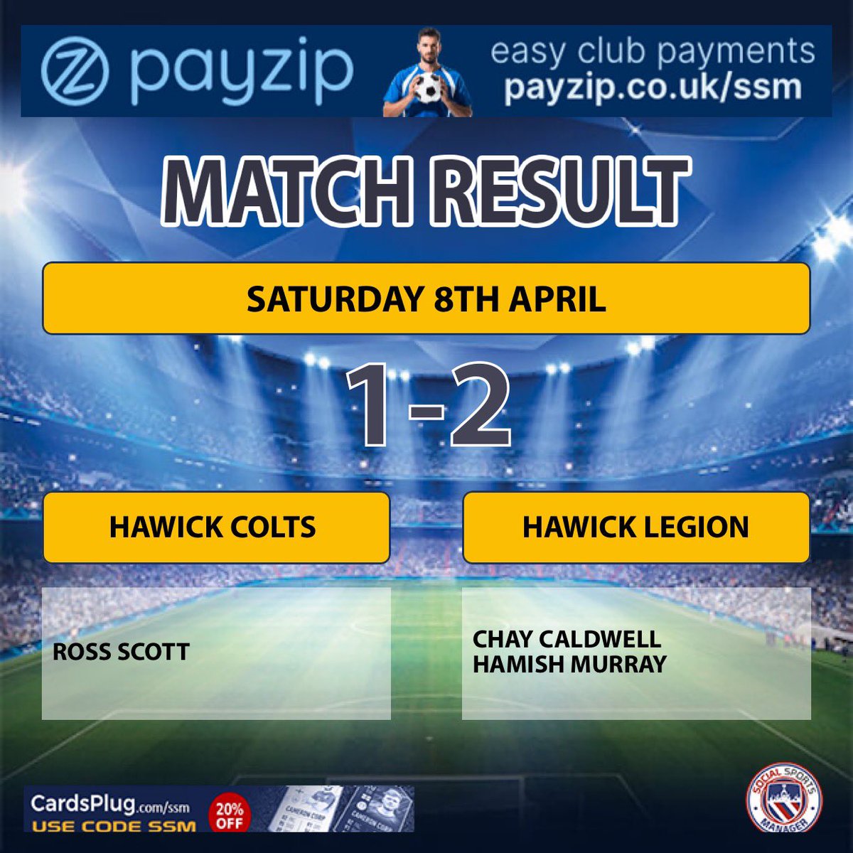 ⚽️Full Time Score⚽️

Hawick Colts  1-2 Hawick Legion 

Good win for the lads today. Battled right to the end and scored the winner with just a few minutes left! 

All the best to the Colts for rest of the season. 

💚🖤