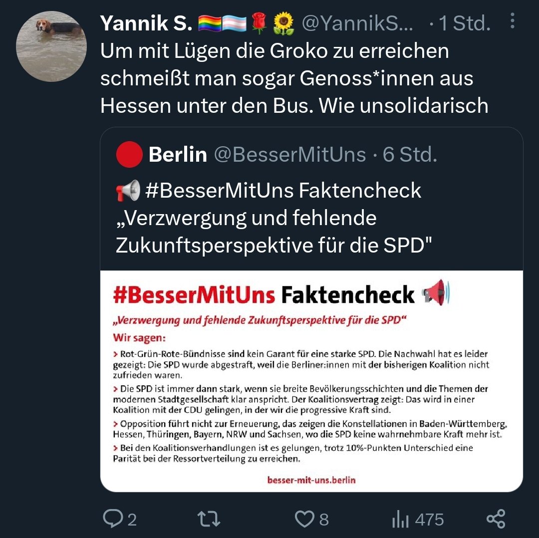 kackendreist's tweet photo. Die #BesserMitUns-"Kampagne" kommt ja auch sehr sehr gut bei Genoss*innen in anderen Bundesländern an.

Deren "#Faktencheck" verbreitet Falschinformationen &amp; wirft sie damit unter den Bus.

Bedrohung der eigenen #SPD-Genoss*innen ist offensichtlich noch nicht genug.

#NoGroko https://t.co/4BONKnWKcS