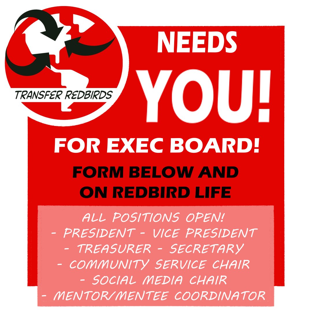An RSO only needs a President and a Treasurer, &amp; BOTH ARE GRADUATING! So we invite all interested #Transfers #transferstudents to come apply for any Exec spot at Transfer Redbirds!

forms.gle/6Kv4uHmda3aSA3…