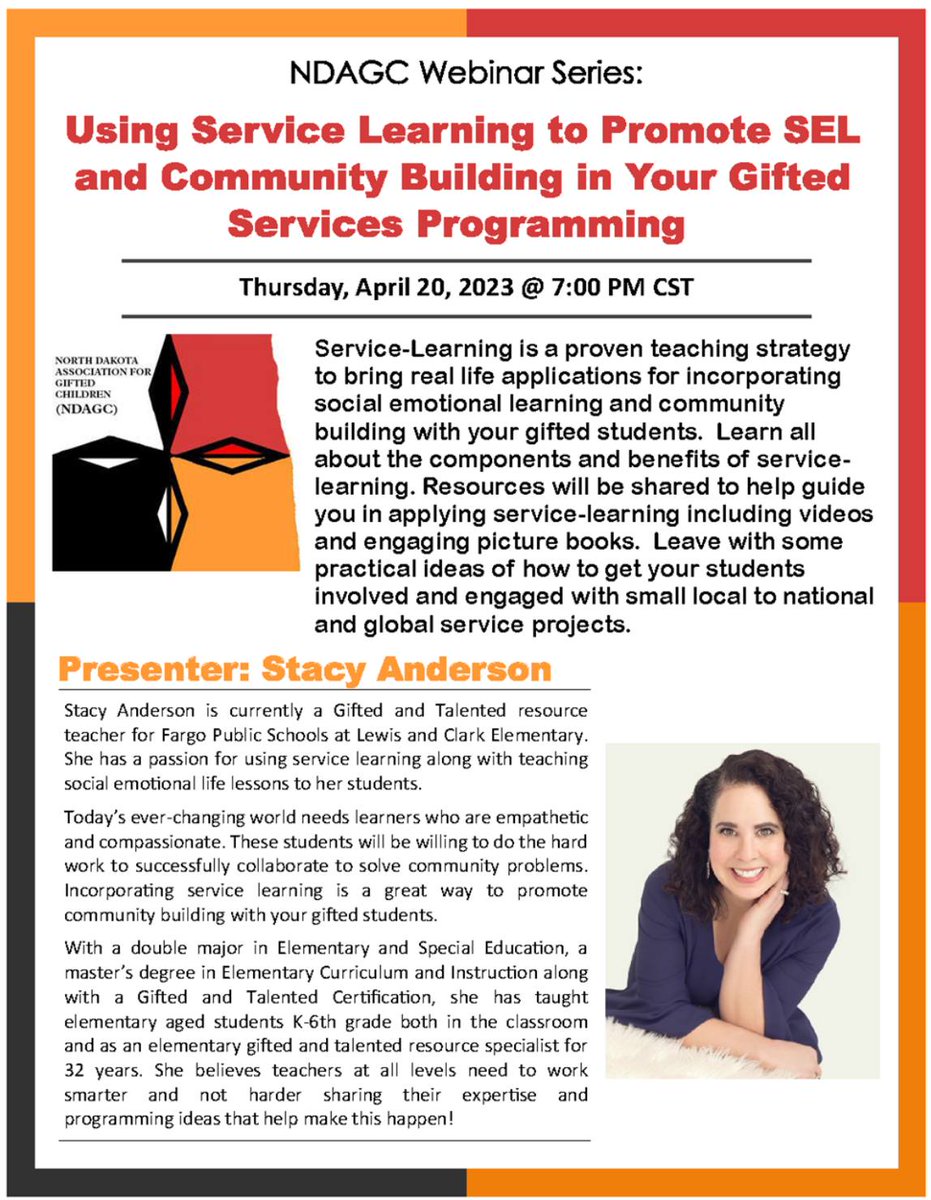 DakotaGifted's tweet photo. Join presenter Stacy Anderson for "Using Service Learning to Promote SEL and Community Building in Your Gifted Services Programming" on April 20th. Registration is free for NDAGC members, $10 for non-members. Register today at: https://t.co/sDNEypQFiT https://t.co/h5a7sPazED