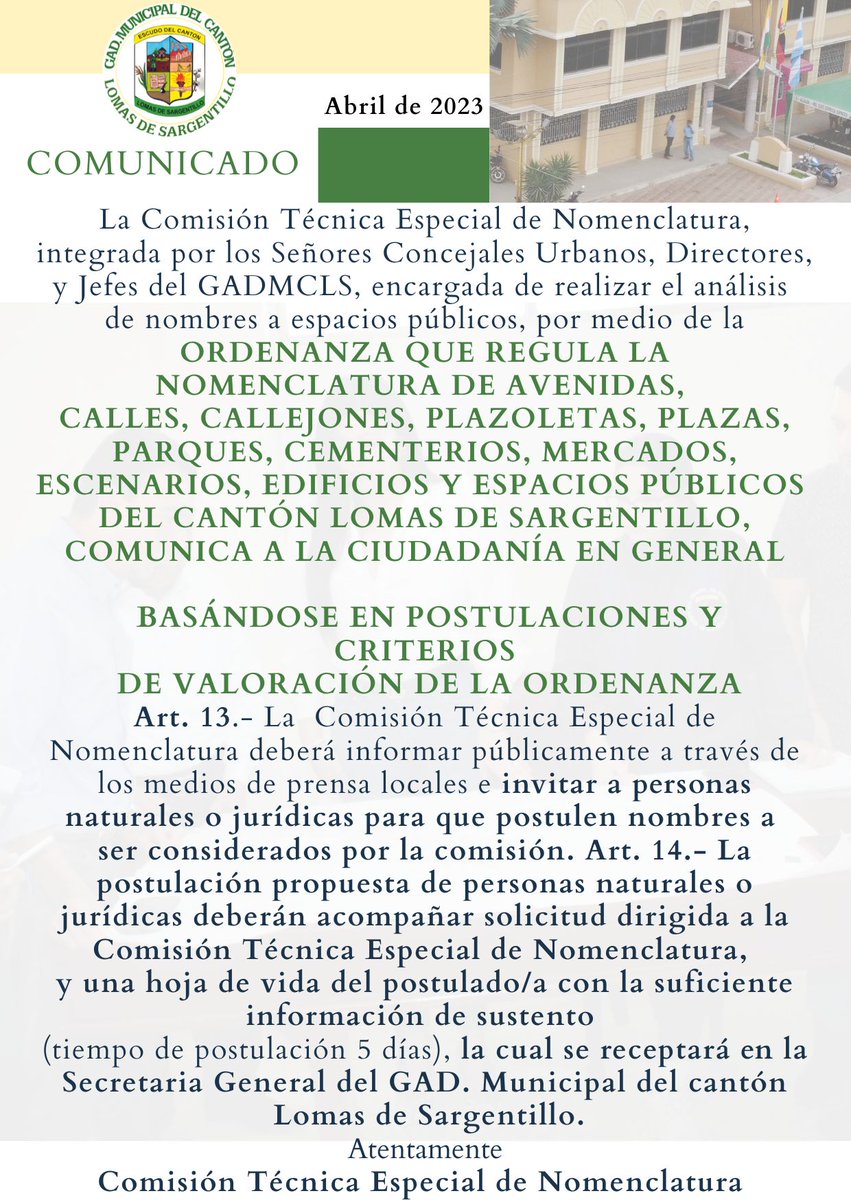 #𝓘𝓷𝓯ó𝓻𝓶𝓪𝓽𝓮2023
#GADMunicipal
#ComisiónTécnicaEspecialDeNomenclatura
#OrdenanzaMunicipal
σя∂єηαηչα ѕαη¢ισηα∂α єℓ 17 ∂є мαуσ ∂є 2018
#Comunicado
Basándose en Postulaciones y Criterios de Valoración de la Ordenanza.