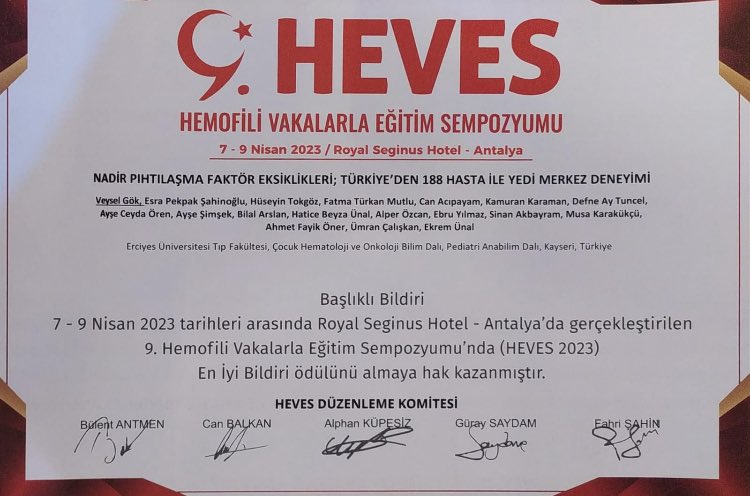profdrkkaraman's tweet photo. Antalya’ da düzenlenen 9. HEVES kongresine katılım sağladık.Çok keyifli ve verimli bir kongre oldu.
Yaptığımız çalışmanında ödüle layık görülmesi ayrıca güzel oldu. #tphd #Hemofili https://t.co/Txv0EK9UyK