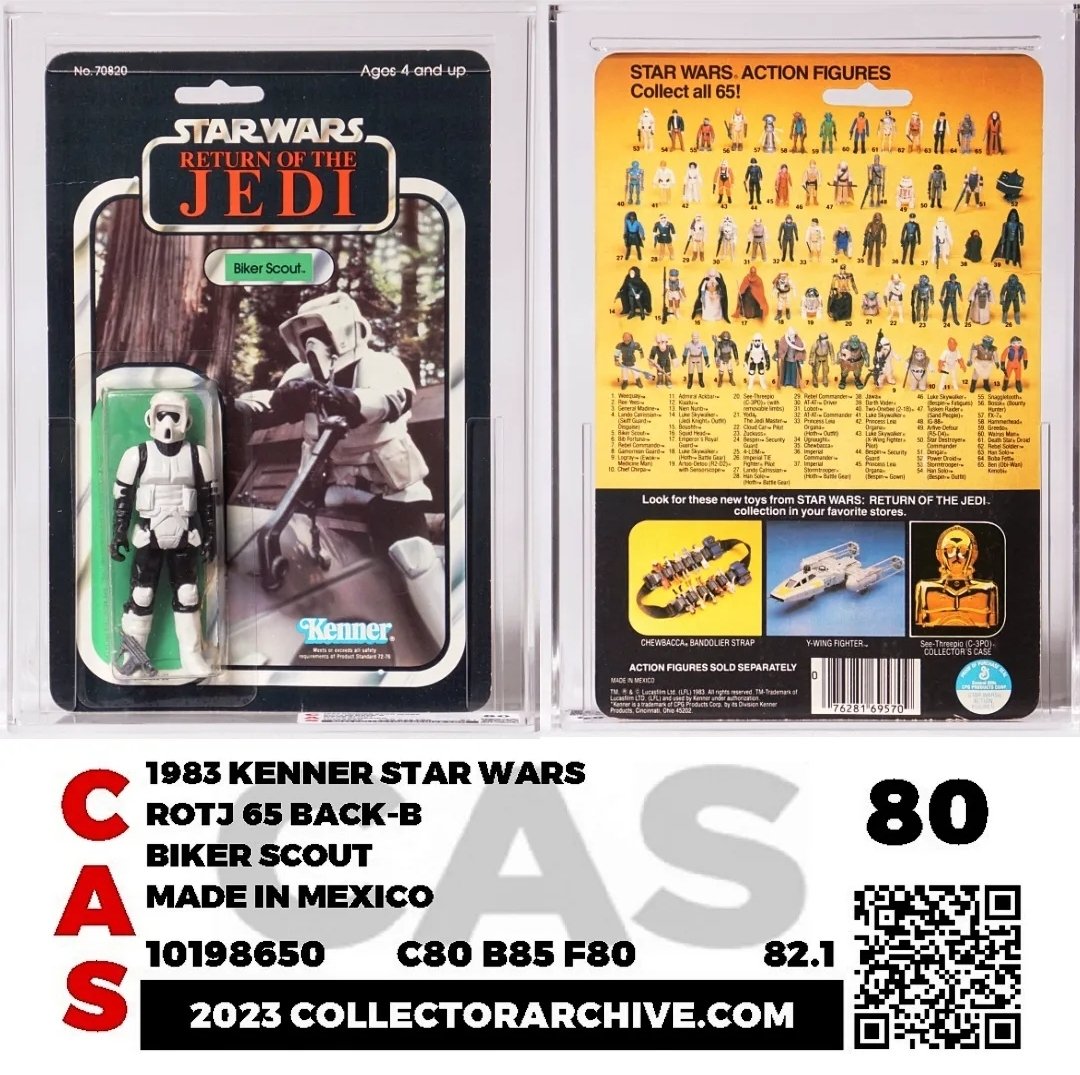 AFGonYouTube's tweet photo. 1983 Kenner Star Wars Return of the Jedi 65 Back-B, Made in Mexico (Lili Ledy) Biker Scout, graded 80 (80/85/80) by Collector Archive Services.
#returnofthejedi
#kennerstarwars
#starwars
#starwarsactionfigures
#actionfigures
#actionfigureaddict
#actionfigurecollecting https://t.co/Bpy3j2BU1K