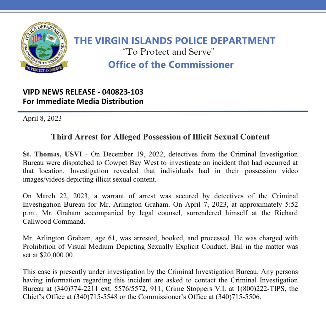Third Arrest for Alleged Possession of Illicit Sexual Content St. Thomas, USVI