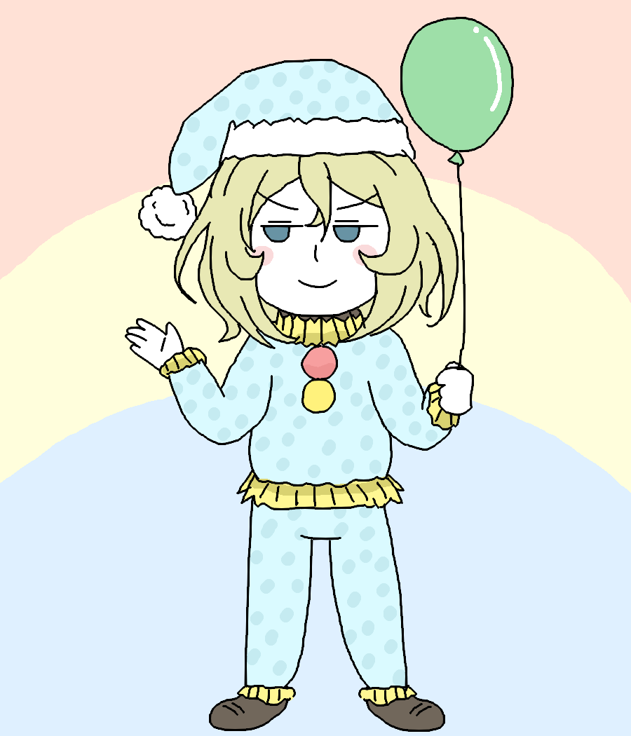 押田(ガルパン) 「お題箱より。「ピエロ衣装のおっしー(愛称)」 #odaibako 」|えむけーのイラスト