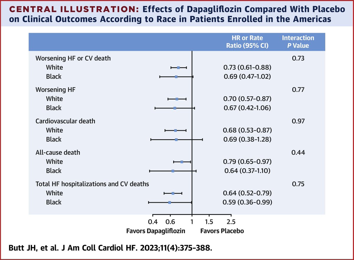 🆕 study in #JACCHF found the absolute benefits of the SGLT2 inhibitor dapagliflozin is > in Black patients in part due to having a higher incidence & prevalence of #heartfailure, but the relative benefits are consistent in both Black & White patients. bit.ly/3UeMAks