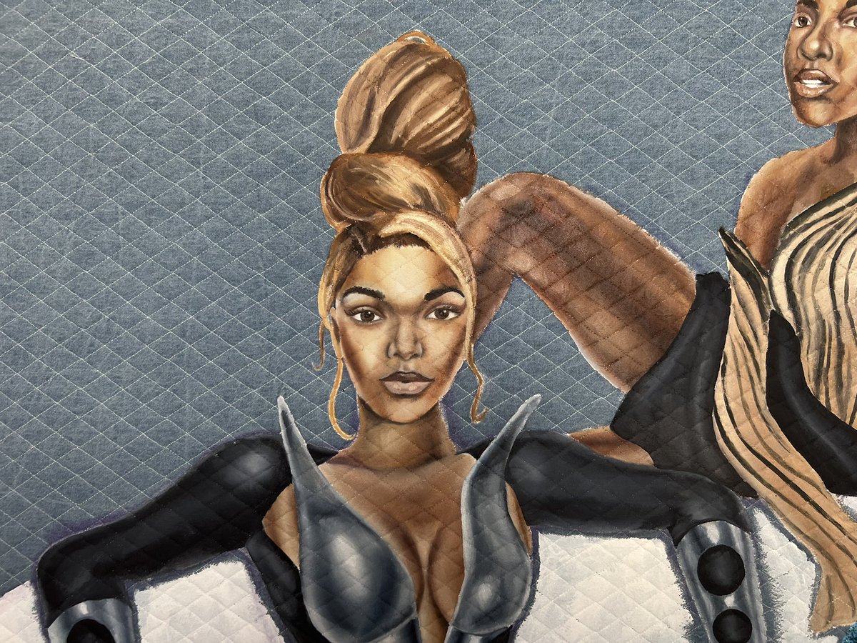 iamrobertxavier's tweet photo. There’s a simple elegance in the way they hold themselves. Couture never made them but they’ll never stand against it for a girls night out. These three are BETTA DENIM

MUGLER MATRIARCHY
Oil &amp; Glitter on Quilted Denim Fabric
48in x 60in 
2023

#BETTADENIM4C 
🫀👖✨

 @Mugler https://t.co/4AtFIxBWju