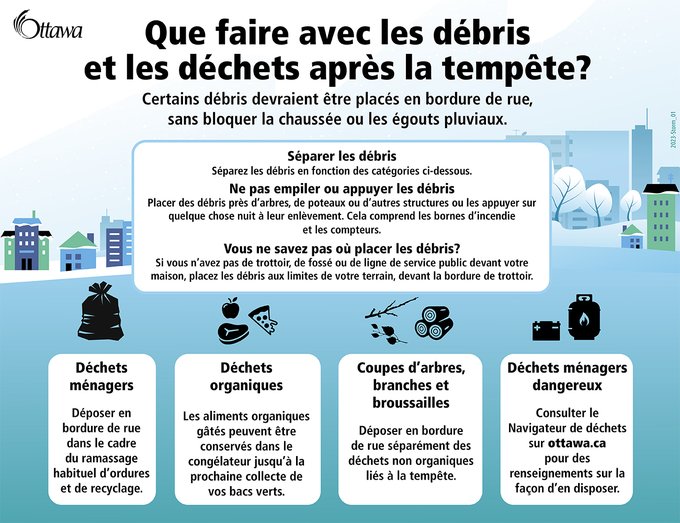 Infographie sur ce qu'il faut faire avec les débris et les déchets après une tempête. Les mêmes renseignements sont disponibles sur le site Ottawa.ca.