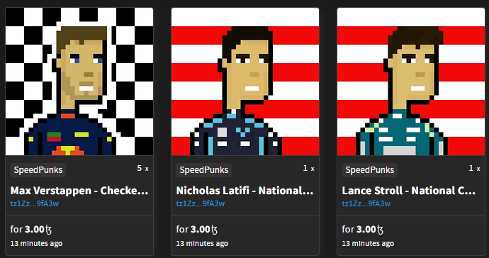 3 more speedpunks sold😁Only 9 still available at base price only 3 xtz!

If you like the speedpunks consider picking one up to support the collection: objkt.com/collection/KT1… 

#NFT #NFTdrop #NFTCommunity #objktcom #tezosart #tezoscommunity #CleanNFT #tezos #F1 #Formula1 #F12023