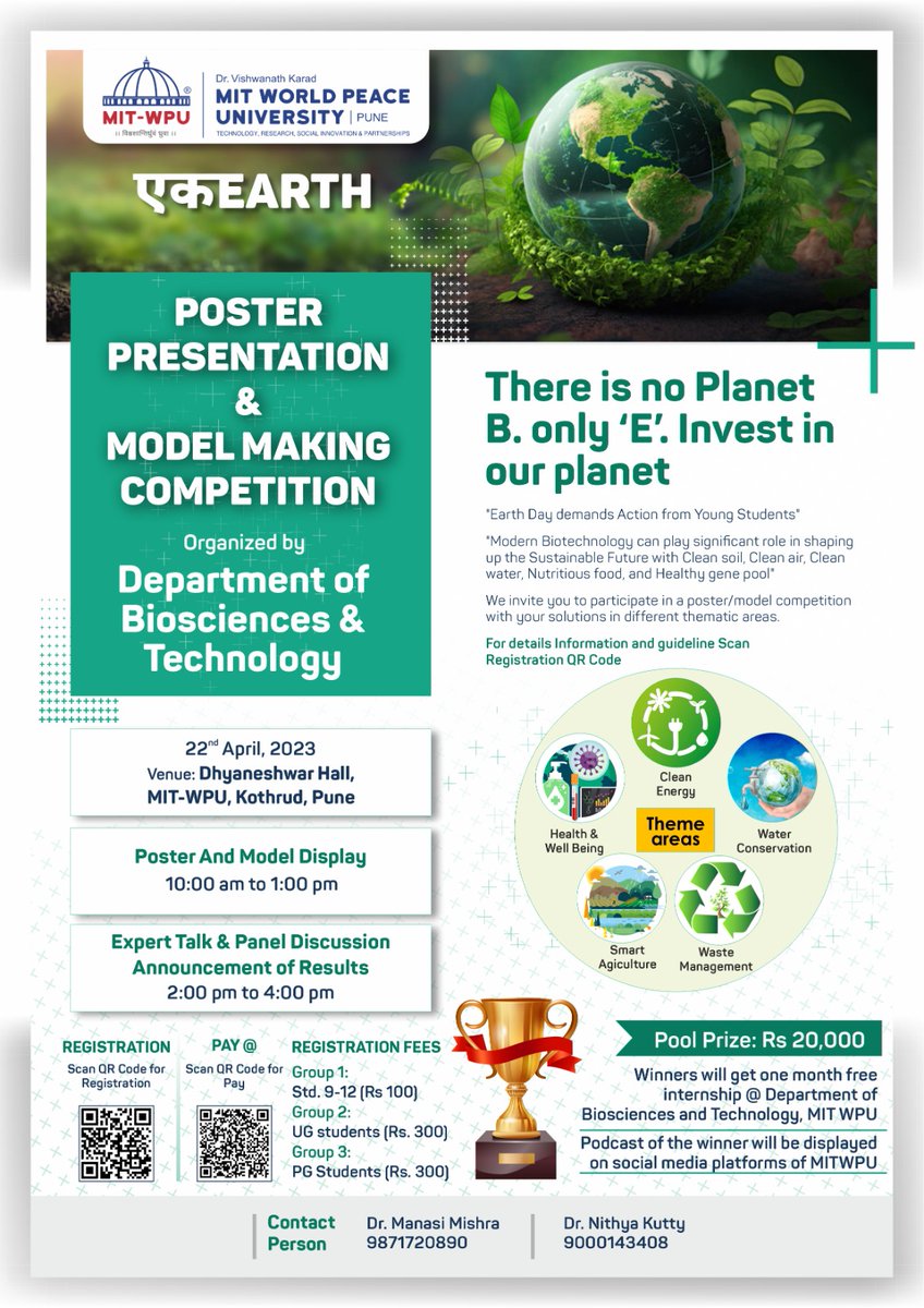 Department of Biosciences and Technology, MIT WPU is organising a poster presentation and model making competition on the occasion of Earth Day 23. Welcoming entries in both online and offline mode. @VoicesofIndAcad @EarthDay @earthdayindia #AcademicChatter #earthday #Pune
