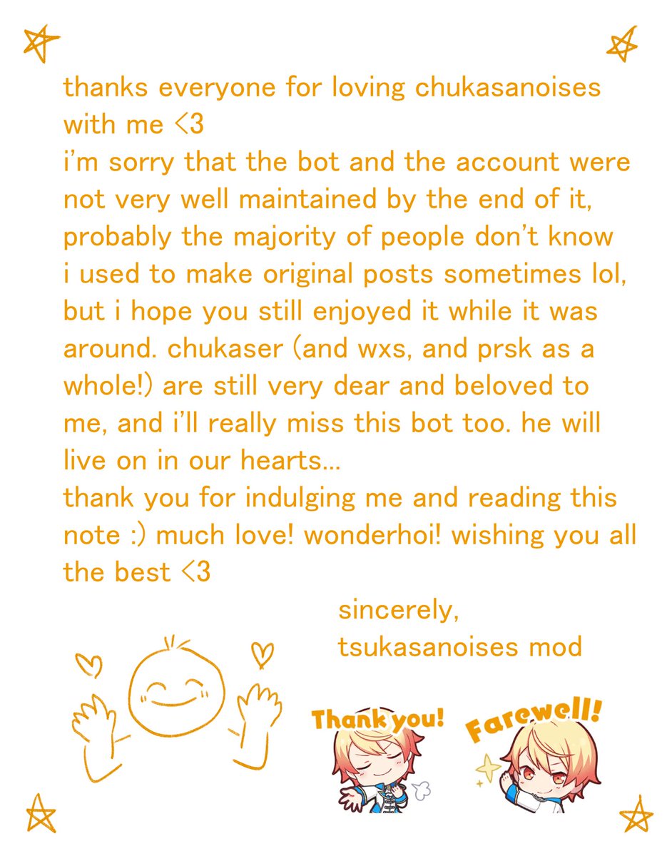 tsukasanoises's tweet photo. a little note from me:
(also i did see the alt method for running bots thats going around! i might try and transfer kaser noises over when i have a moment, but i don't think i can do it right now and it's a low priority for me, i'm sorry v_v) https://t.co/4g4ifyqbMq