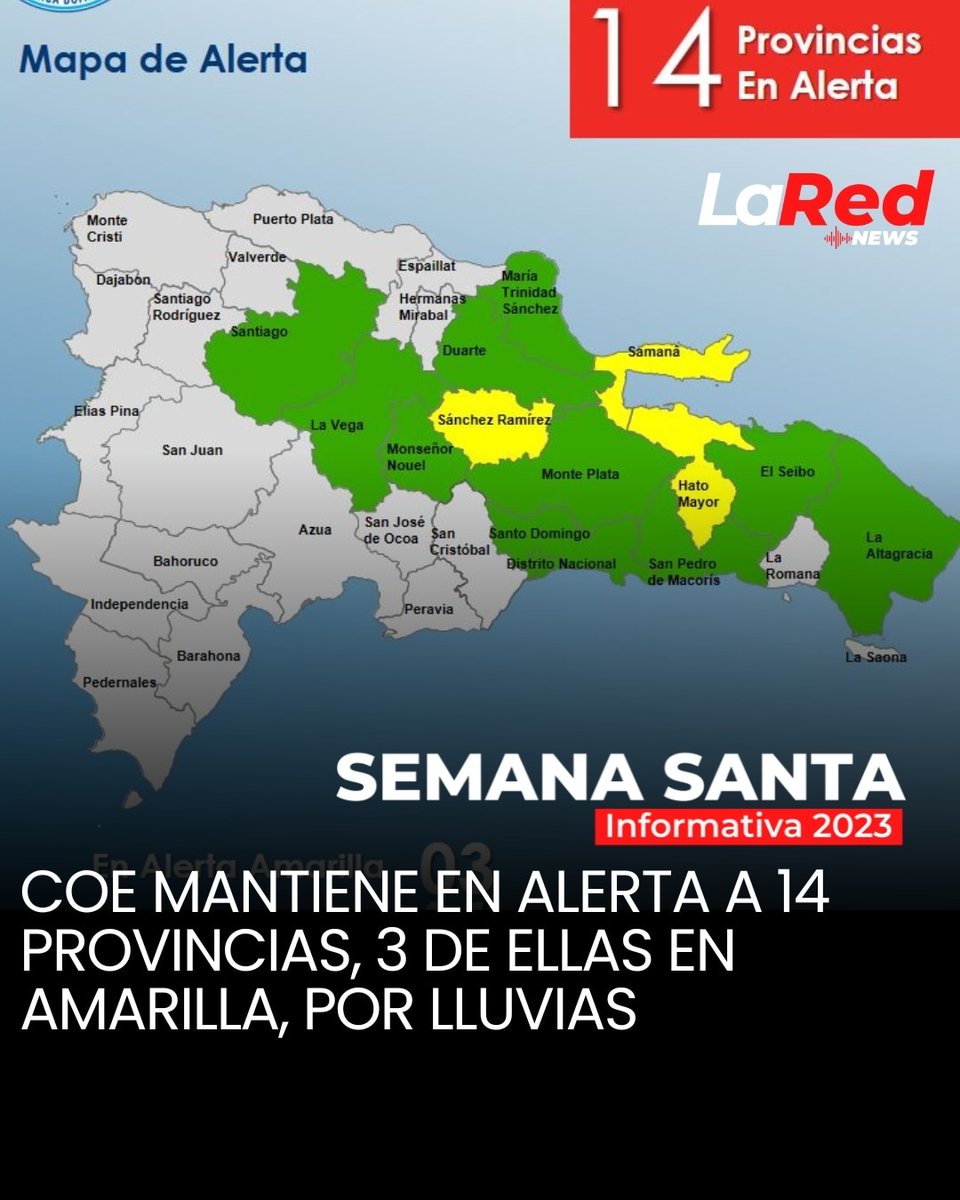 ALERTA • EL COE MANTIENE EN ALERTA POR LLUVIAS A 14 PROVINCIAS, 3 DE ELLAS EN ALERTA AMARILLA

#SemanaSantaInformativa 

Detalles aquí
instagram.com/p/Cqx0NqmLrx5/…