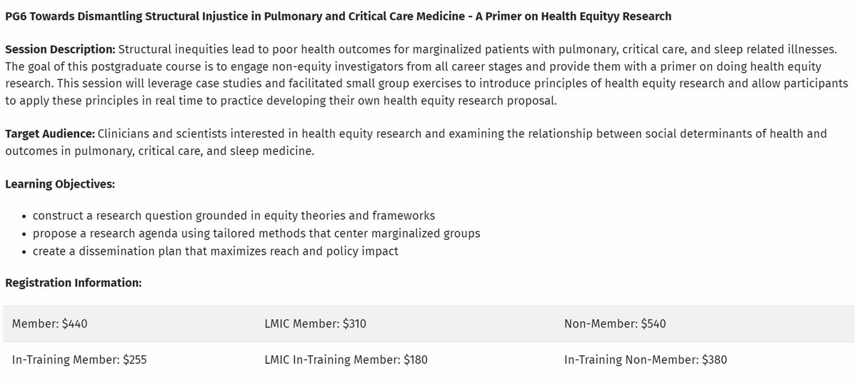 PG 6: Towards Dismantling Structural Injustice in Pulmonary and Critical Care Medicine - A Primer on Health Equity Research is one of the PG courses offered at #ATS2023 
Visit here for more information: conference.thoracic.org/program/clinic…