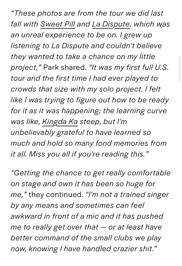 pictoriavark's tweet image. 1 year of the vark under my belt 😭😭 thank you for everything always and being part of it. it was a hard but good one - i’m so grateful for all of it.

a tour diary from our run with @sweetpilll + @ladisputeband are up now on @wormbrainworld with some thoughts on it all ♥️