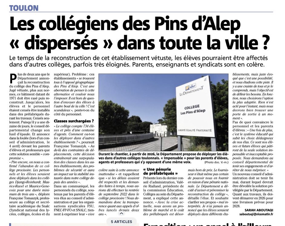 📌 Var Matin 8 avril 2023
<a href="/AcademieNice/">Académie de Nice</a> <a href="/NatachaChicot/">Natacha Chicot</a> 
@DANE_acNice 
<a href="/VilleDeToulon/">Ville de Toulon</a> <a href="/VMtoulon/">Var-Matin, Toulon</a>