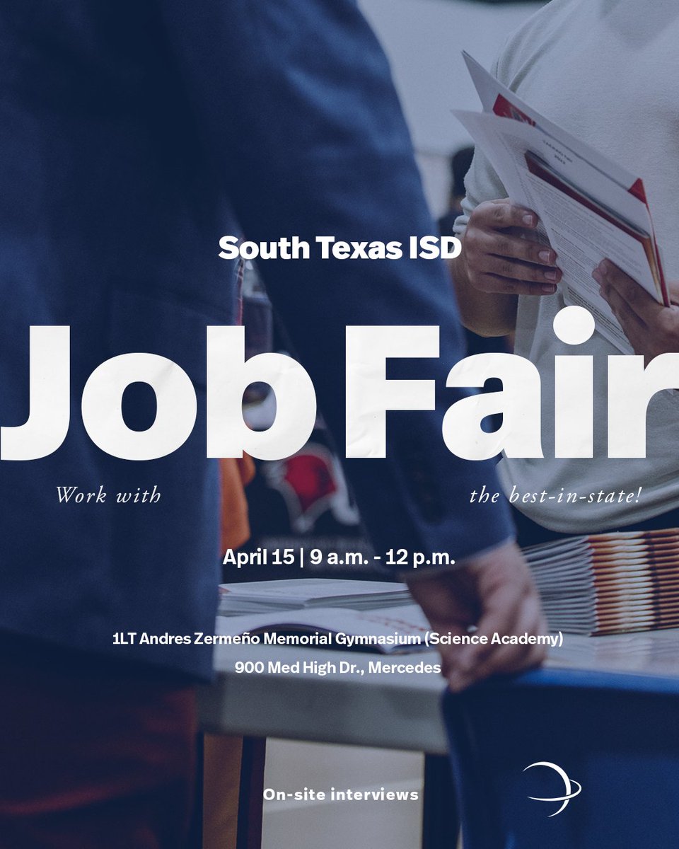 SouthTexasISD's tweet photo. Take the next step in your career and work with state-and-nationally ranked #STISD!
 
Meet some of the team at our upcoming Job Fair on Saturday, April 15, from 9 a.m. - 12 p.m. We can’t wait to meet you.

👉🏻 View available vacancies: https://t.co/F3dE0YZmxO https://t.co/G3OrkN9uQC