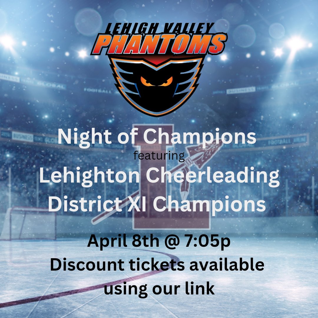 🏆Night of Champions🏆

The time has come to Honor your District XI 2A Small Champions!

Come out tonight and enjoy the @lehighvalleyphantoms and support your favorite Lehighton Cheerleaders!! 

Tickets are still available using our link. 

fevo.me/40IThxm