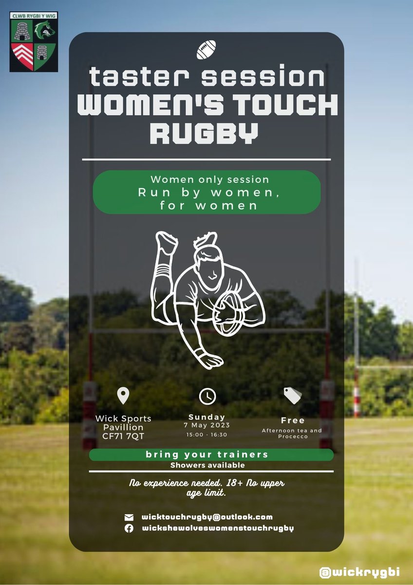 Women’s Taster session -touch rugby! Blas bach rygbi cyffwrdd i’r merched. 
<a href="/WalesWomens/">Womens Rugby Wales 🏴󠁧󠁢󠁷󠁬󠁳󠁿</a> <a href="/waleswomenrugby/">Welsh Women's Rugby🏴󠁧󠁢󠁷󠁬󠁳󠁿</a> <a href="/waleswomensopen/">WELSH TOUCH</a> <a href="/WRU_Community/">WRU Community - Wrth galon y genedl</a> <a href="/ospreys_women/">Ospreys Women</a> <a href="/Cardiff_RugbyW/">Cardiff Rugby Women</a> <a href="/WalesRugbyL/">Wales Rugby League</a> <a href="/GoodScazRugby/">The Good, The Scaz And The Rugby</a> <a href="/WalesTouch/">Wales Touch Association</a> <a href="/WalesTouch13/">Rachel Stevens</a> <a href="/CommunityOsprey/">Ospreys in the Community</a>