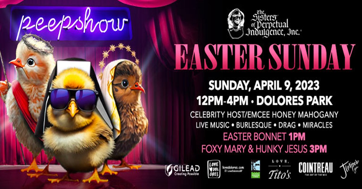 San Francisco Recreation and Park Department (@recparksf) on Twitter photo Join the <a href="/SFSisters/">The Sisters of Perpetual Indulgence</a> for its anniversary event at Dolores Park tomorrow, 4/9 from 10AM-4PM. This year's event, Easter in the Park: Peep Show, will feature story time, an egg hunt & other family-friendly activities for children's Easter from 10AM-noon. Join the <a href="/SFSisters/">The Sisters of Perpetual Indulgence</a> for its anniversary event at Dolores Park tomorrow, 4/9 from 10AM-4PM. This year's event, Easter in the Park: Peep Show, will feature story time, an egg hunt & other family-friendly activities for children's Easter from 10AM-noon.