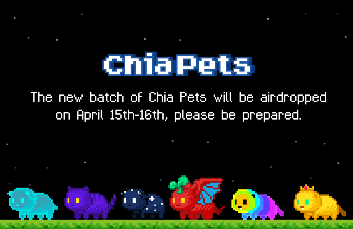 ruijiazhang's tweet photo. The next batch of Chia Pets will be airdropped on April 15th-16th. Before each airdrop, I will check if the female Chia Mounts meet the breeding requirements. The requirements are as follows: 1. Each female Chia Mount needs to be paired with at least one male of the same species. 2. Both of them need to be at the same DID/XCH address. If both conditions are met, congratulations, your female Chia Mount will produce a Chia Pet. If the requirements are not met, the female will lose one breeding opportunity.

Here is my working document which contains a detailed airdrop schedule to help you understand the logic behind the process.https://t.co/y6ckPviOUm 
#Chia #XCH #NFT #pixelart