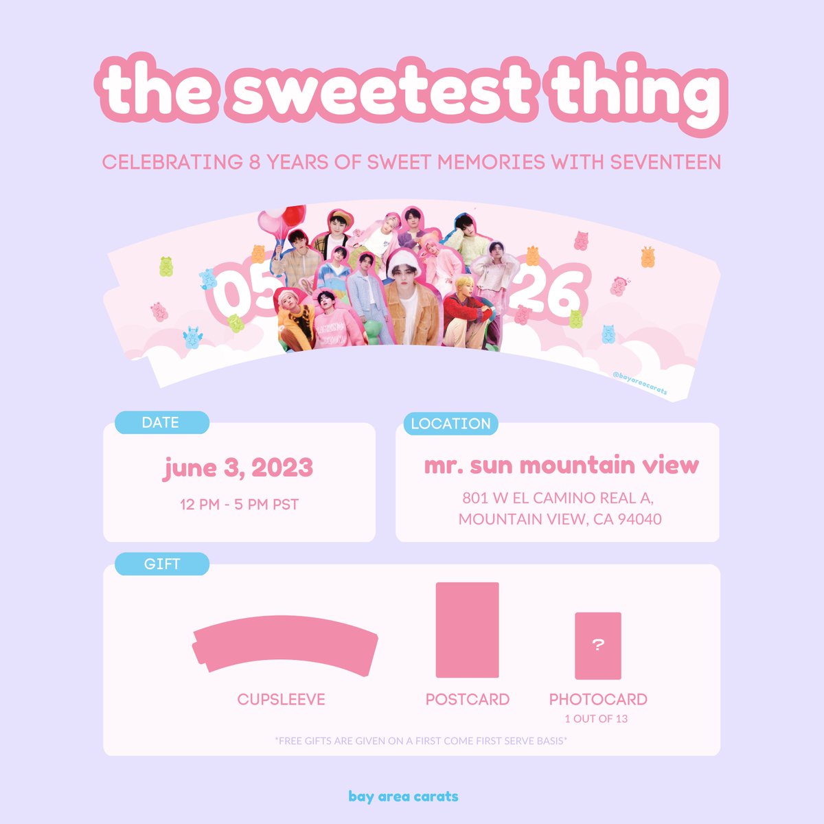 BayAreaCarats's tweet photo. Come celebrate Seventeen’s 8th anniversary with us at #TheSweetestThing! 

Our tiers can be picked up at the event or shipped to you! 💗

Donation form closes: 5/20/23
💎 https://t.co/4c92h25aLm

#세븐틴 #SEVENTEEN #kpopcupsleeve #seventeencupsleeve #svtcupsleeve https://t.co/P59ASXOOuT