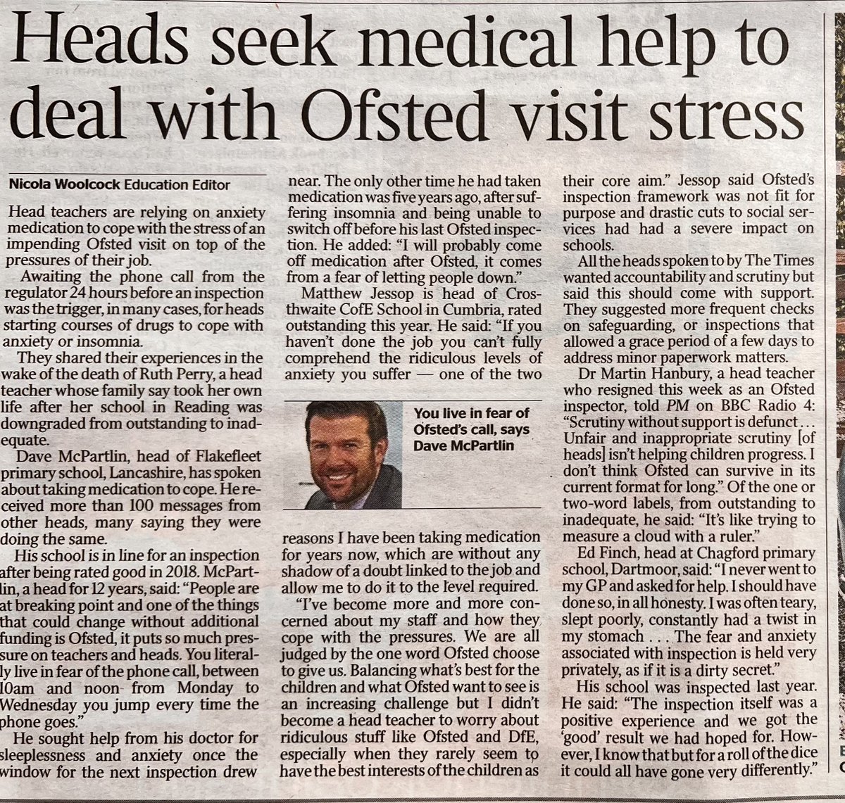 dave_mcpartlin's tweet photo. We should look after our school colleagues as well as they look after the nation’s children - we shouldn’t need medication to get through being ‘in the window’. So glad that we’re now feeling more empowered to stand up for what is right- Ofsted must change.
(Taken from The Times) https://t.co/4dZVTDNGHc