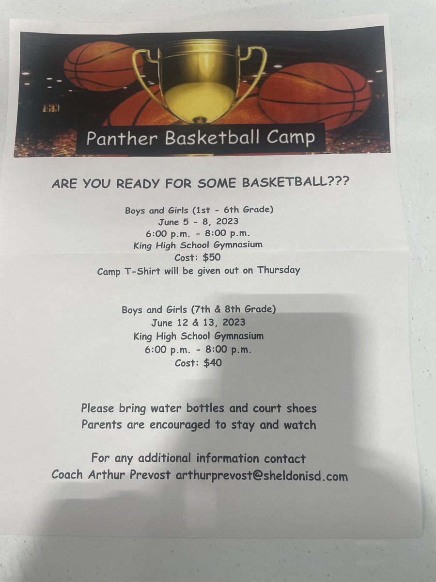Panther land plan accordingly because we are hosting a summer basketball camp . More information ahead but wanted you to know . We need you and want you. CE King High school coaches will be instructors .
⁦<a href="/SheldonISD/">Sheldon ISD</a>⁩ ⁦<a href="/thedrgrady/">Dr. Amber Grady</a>⁩
