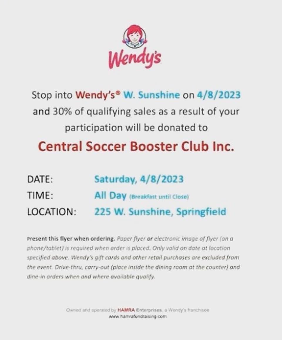 🚨🚨Go visit Wendy’s at 225 W Sunshine St, Springfield, MO 65807 any time today and show this flyer. They will donate 30% of their sales to the Central Girls’ Soccer Booster Club. Go Lady Bulldogs!  
                 🖤❤️⚽️❤️🖤❤️⚽️❤️🖤