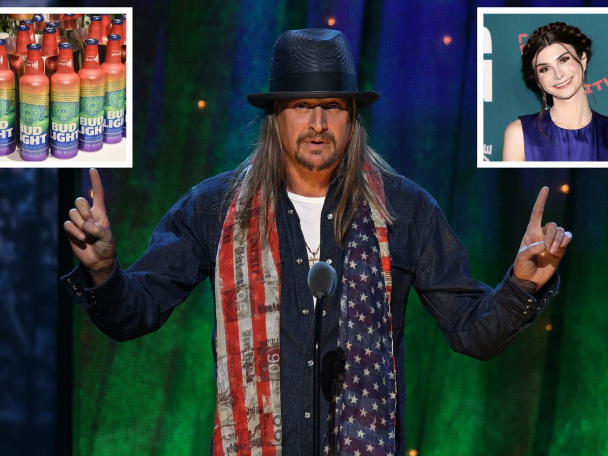Generalmtntime's tweet photo. Kid Rock shooting cases of Bud Light because they had a trans colored cans is the most pathetic thing i’ve seen all year. Also, using an assault rifle just a week after a school shooting nonetheless. Pathetic. https://t.co/HbIzDL2R1b