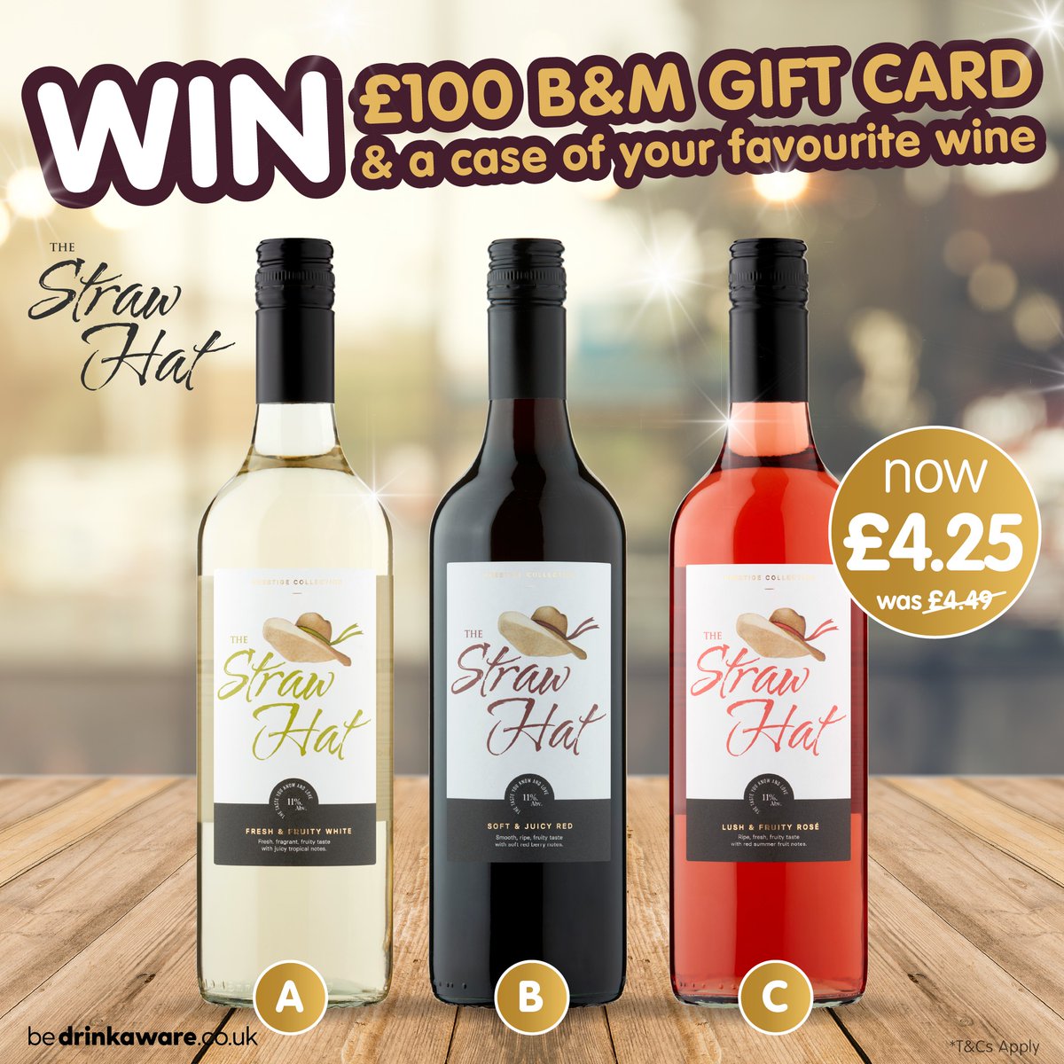 #COMPETITION TIME

We're teaming with #StrawHat to giveaway a £100 B&amp;M gift card PLUS a case of your favourite wine to ONE lucky winner!

For a chance to WIN;

1) FOLLOW
2) RT
3) COMMENT #BMStrawHat

Ends 9am 10/4/23

🔞Please drink responsibly. Visit drinkaware.co.uk
