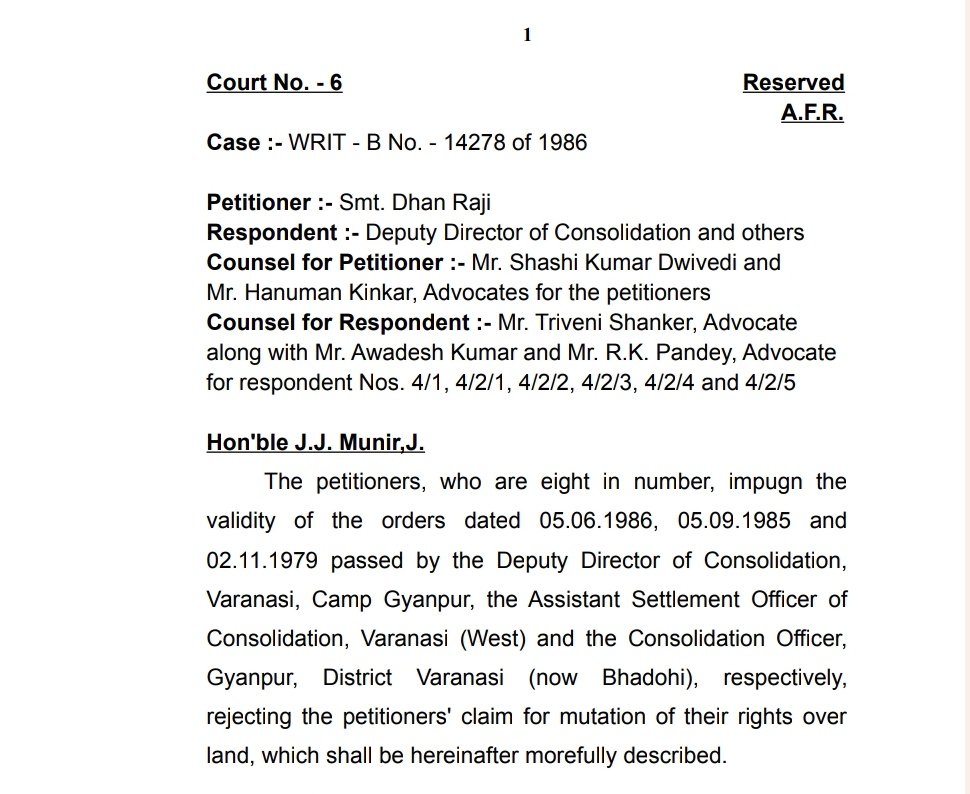 KingofPJs's tweet photo. Allahabad High Court remands the matter back to Consolidation Officer in a Writ Petition filed in 1986, 37 years of back. The matter was earlier decided at three stages- Consolidation Officer, Assistant  Settlement Officer of Consolidation and Deputy Director of Consolidation. https://t.co/1xTfo4dDW2