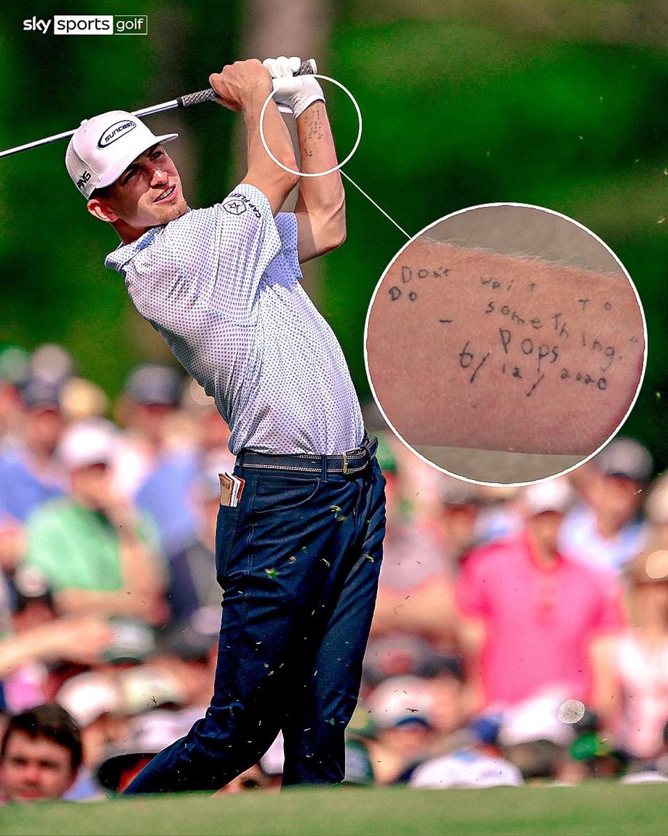 "Don't wait to do something."

Amateur Sam Bennett uses a tattoo of his late father's final written words to motivate him.

Bennett is currently 3rd at #themasters