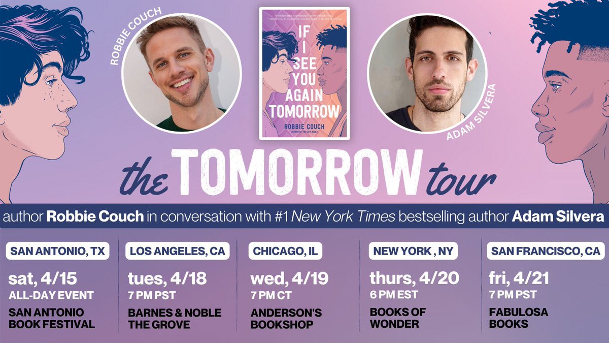 the #TomorrowTour kicks off one week from today at @SABookFestival! SO STOKED. come say hi if I’ll be nearby! San Antonio (4/15) Los Angeles (4/18) Chicago (4/19) New York City (4/20) San Francisco (4/21) tickets/info: robbiecouch.com/events