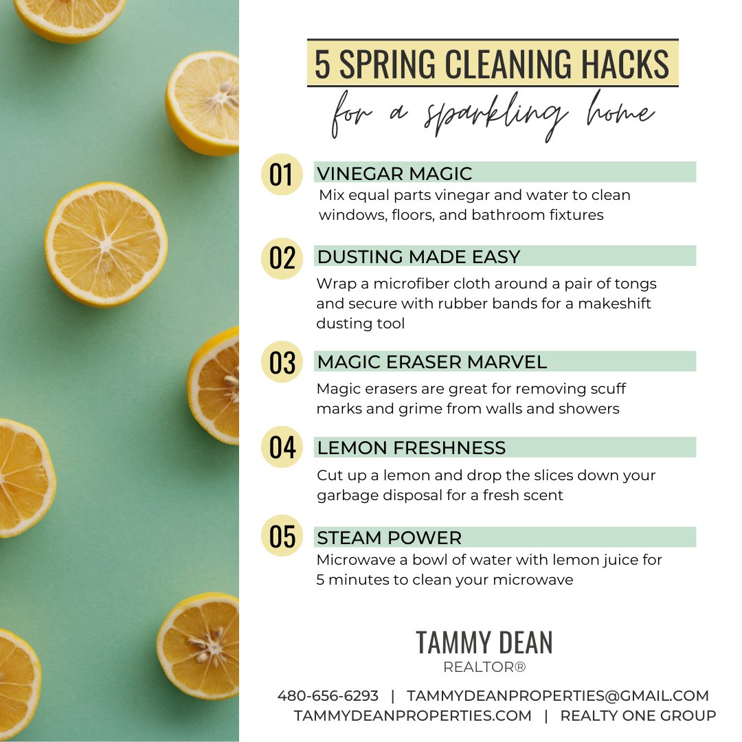 tammydeanhomes's tweet image. Check out these simple Spring cleaning hacks!
 
 #cleaninghacks #cleaninghacksthatwork #housecleaning #housecleaningtips #azrealestate #azrealtor #cleanwindows #lemonfreshness #steampower #microwavecleaning #dusting #springcleaning #sparklinghome #springcleaningtips