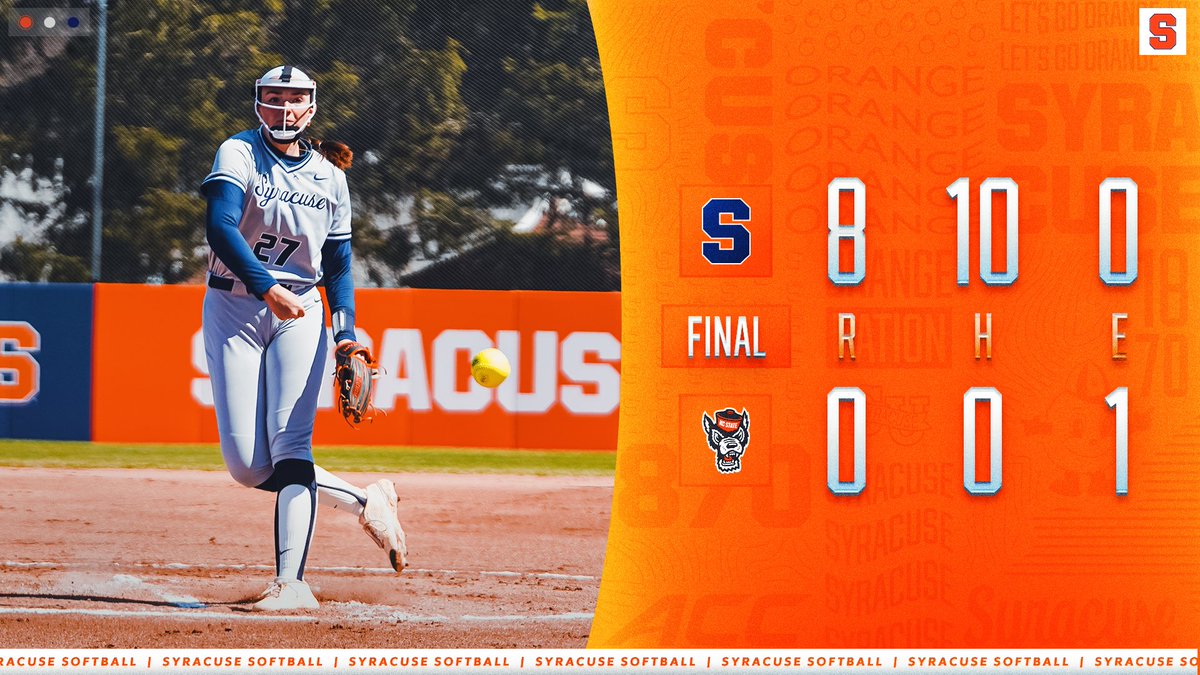 CuseSB's tweet image. NO-NO ALERT  🚨

Madison Knight has thrown the 11th no-hitter in Syracuse softball history! 👏

The Orange win the series finale with a 8-0 run rule victory