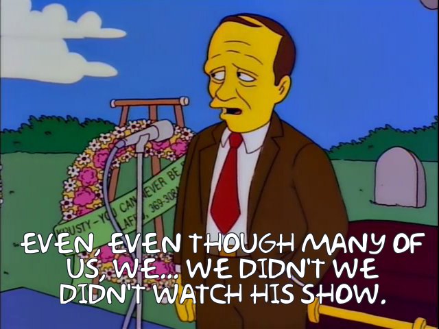 SimpsonsSibs's tweet photo. @ManuclearBomb Bob Newhart's extremely awkward eulogy at Krusty's funeral https://t.co/8w5FzcYtIv