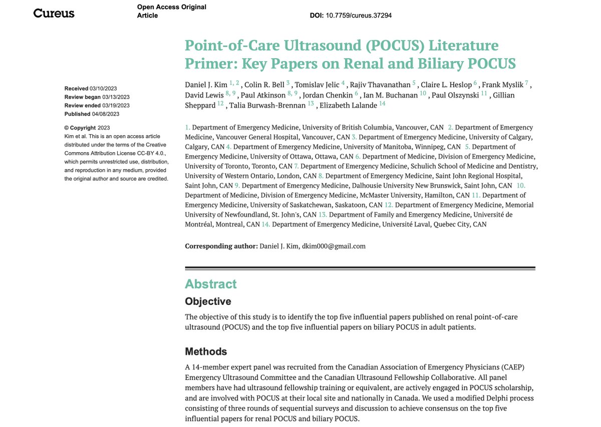 Next up in our #POCUS literature primer series in @CureusInc – check out our top 5 papers on Renal & Biliary POCUS! Big thanks to @colinrbell @TomJelic @rajivthava @RogueClaire @FrankMyslik @e_med_doc @GillianSheppar9 + more Paper summary in 🧵 👇 🔗cureus.com/articles/14549…