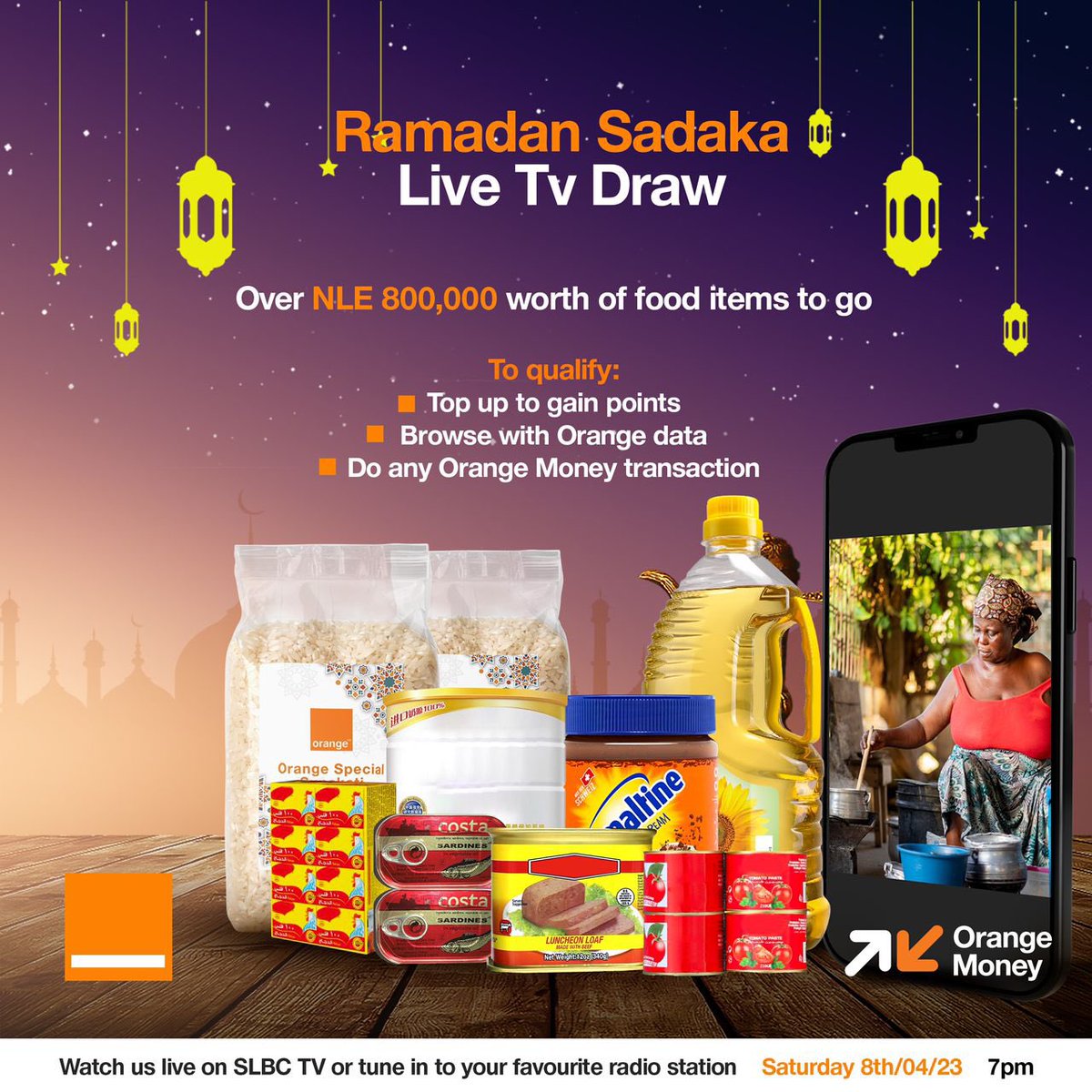 BamiStevens's tweet photo. Join us today @7pm on your favourite radio stations or on SLBC TV to watch the Orange RamadanSadaka live TV draw https://t.co/WLqkSEv7FY