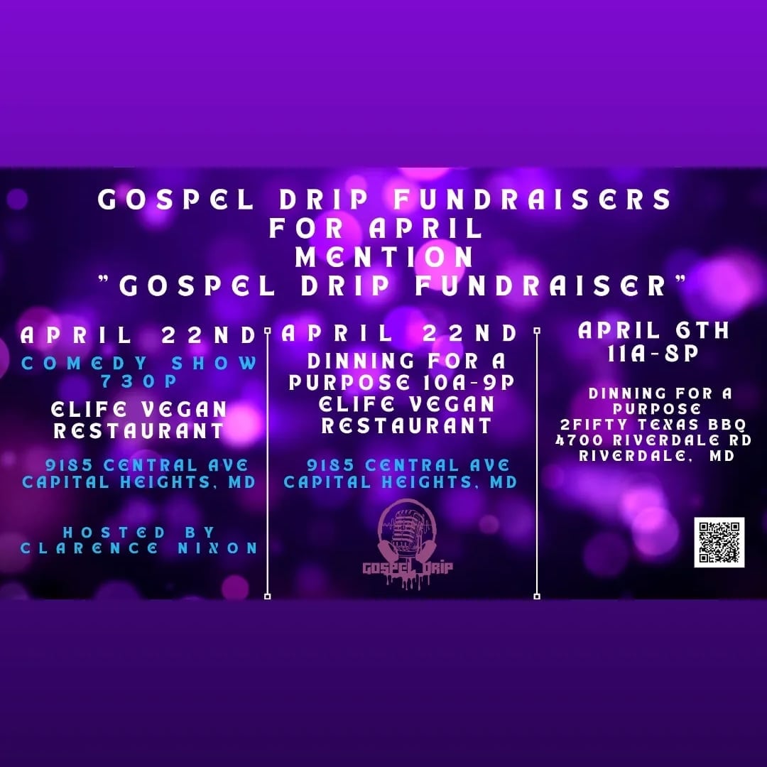 moje98's tweet image. Gospel Drip "Dining for a Purpose"
Fundraiser Meal is at Everlasting Life Vegan Restaurant 9185 Central Ave, Capitol Heights, MD 20743 from 10a-9p on Saturday. Comedy Show at 730p to 9p at the same location. 

Mention "Gospel Drip Fundraiser "