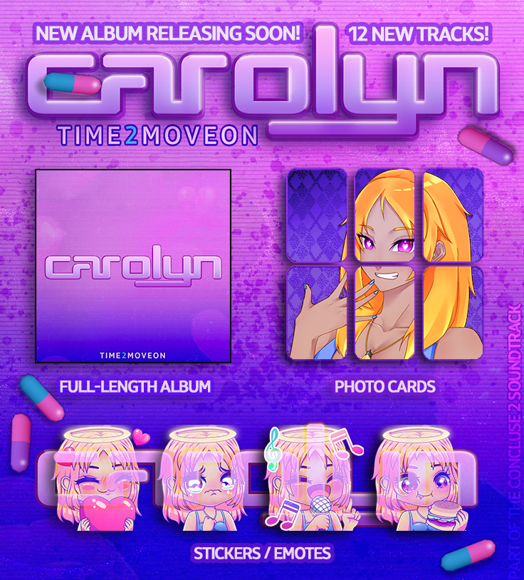 concluse_dev's tweet photo. The album #TIME2MOVEON💿 by #CAROLYN will release the same day as #CONCLUSE2! It includes 12 new tracks, photocards, stickers, and high-resolution artwork✨
✦Wishlist: https://t.co/RNZRtCLhAy
#gamedev #indiedev #soundtrack https://t.co/xAEehSichE