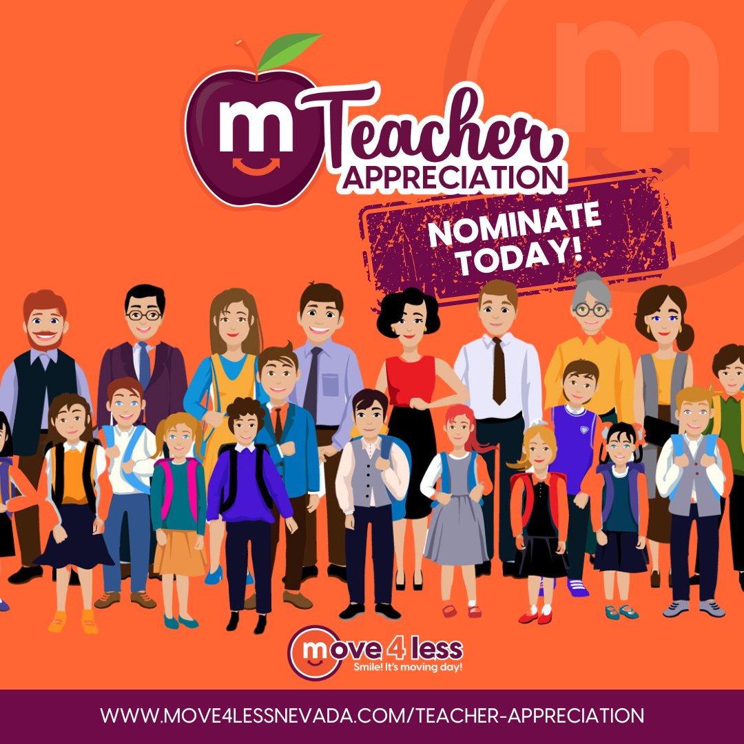 CCSDEngage's tweet photo. Do you have a teacher that makes you smile? 😃  Nominate them today for the Move 4 Less Teacher Appreciation Contest.  🔗 https://t.co/Hnk3rpBXEy
.
The @ClarkCountySch teacher w/ the most nominations will win a Teacher Appreciation Basket loaded w/ goodies &amp; a $1,500 Visa card! https://t.co/b4bLvRX8my