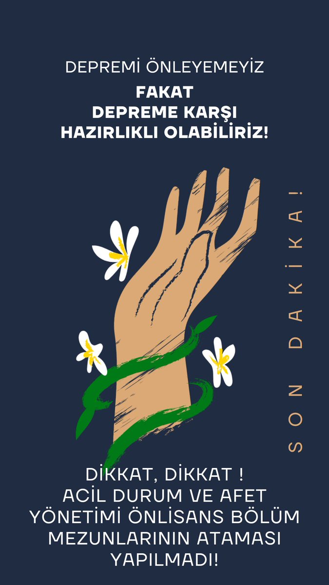 Acil Durum ve Afet Yönetimi önlisans bölüm mezunlarına MERKEZİ ATAMA yapılarak adil bir atama ile sahada mesleğimizi yapmak istiyoruz. Nisan'da tercih yapmış Mayıs'ta atanmış olmak istiyoruz.

#AfetYönetimiTeknikeriAtama 
<a href="/suleymansoylu/">Süleyman Soylu</a>
<a href="/RTErdogan/">Recep Tayyip Erdoğan</a>
<a href="/TC_icisleri/">T.C. İçişleri Bakanlığı</a>
<a href="/fuatoktay/">Fuat Oktay</a>